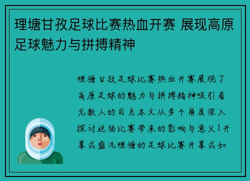 理塘甘孜足球比赛热血开赛 展现高原足球魅力与拼搏精神