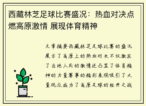 西藏林芝足球比赛盛况：热血对决点燃高原激情 展现体育精神