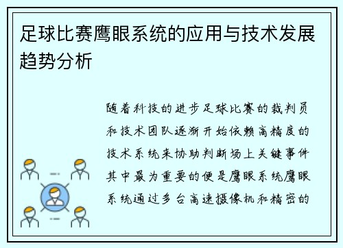 足球比赛鹰眼系统的应用与技术发展趋势分析