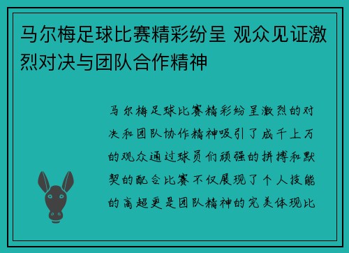 马尔梅足球比赛精彩纷呈 观众见证激烈对决与团队合作精神