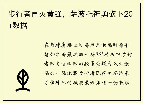 步行者再灭黄蜂，萨波托神勇砍下20+数据