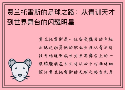 费兰托雷斯的足球之路：从青训天才到世界舞台的闪耀明星