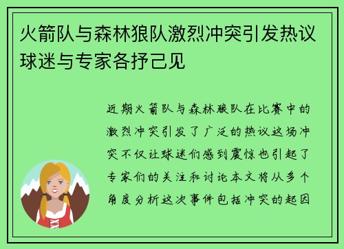 火箭队与森林狼队激烈冲突引发热议球迷与专家各抒己见