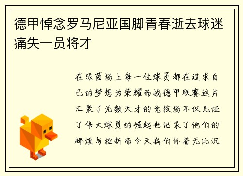 德甲悼念罗马尼亚国脚青春逝去球迷痛失一员将才