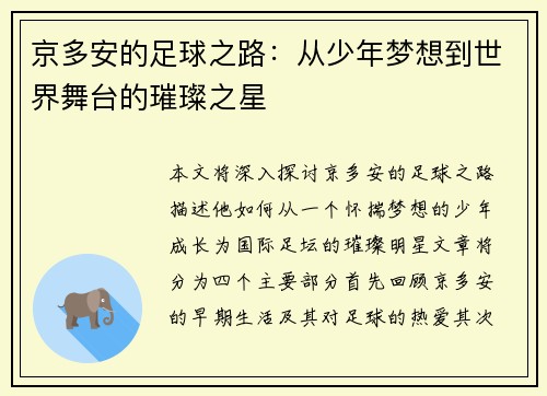 京多安的足球之路：从少年梦想到世界舞台的璀璨之星