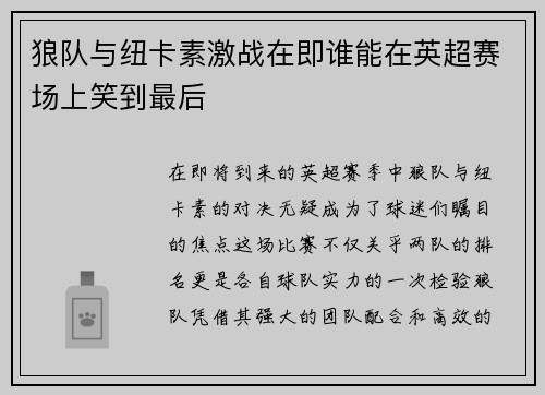 狼队与纽卡素激战在即谁能在英超赛场上笑到最后