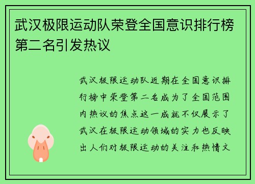 武汉极限运动队荣登全国意识排行榜第二名引发热议
